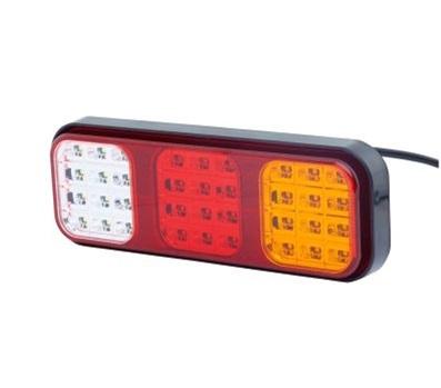 Lampa de semnalizare spate HELLA cu LED, model 2VP 357 018-001, compatibilă cu tensiuni de 12/24V, dimensiuni 284x100 mm, cu lentile roșii/galbene/albe.